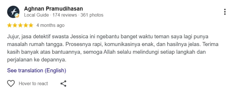 Testimoni Pengguna Jasa Detektif Swasta Jessica Aghnan Pramudihasan