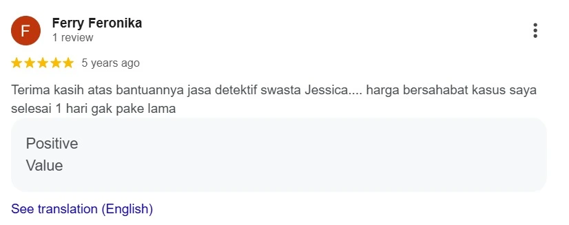 Testimoni Pengguna Jasa Detektif Swasta Jessica Ferry Feronika